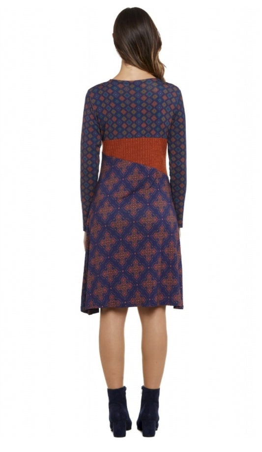 Vestito particolare in viscosa con maniche lunghe e motivo geometrico blu e arancione