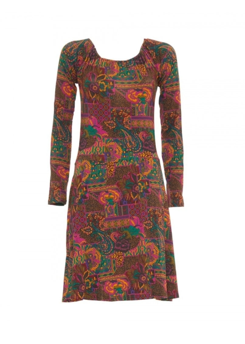 Vestito in Viscosa Fantasia con Stampa Paisley e Maniche Lunghe per Donna