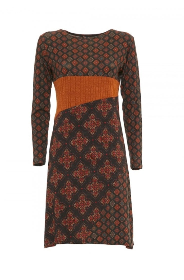 Vestito particolare in viscosa con maniche lunghe e motivo geometrico blu e arancione