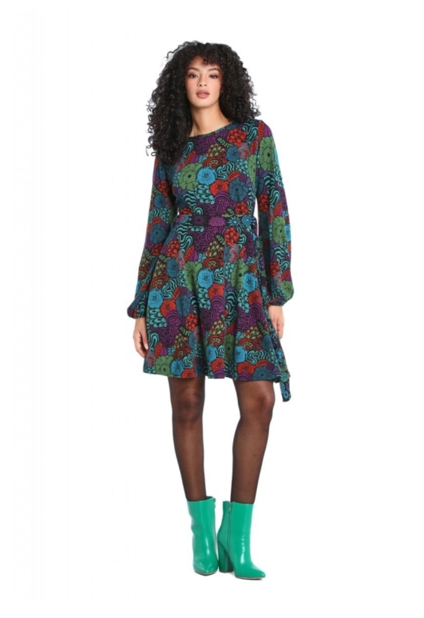 Vestito Fantasia Mezza Ruota con Stampa Floreale Multicolore e Maniche Lunghe per Donna