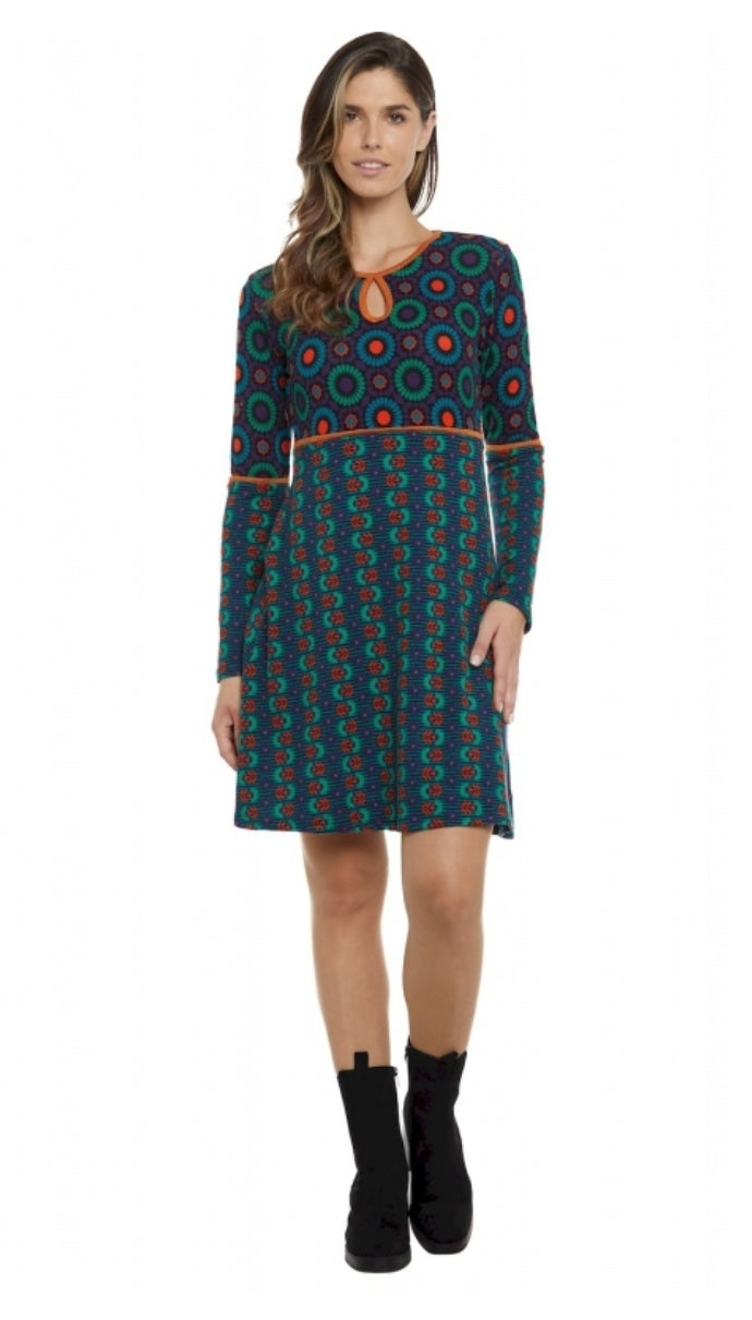 Vestito Fantasia Boho Chic con Stampa Geometrica e Maniche Lunghe per Donna