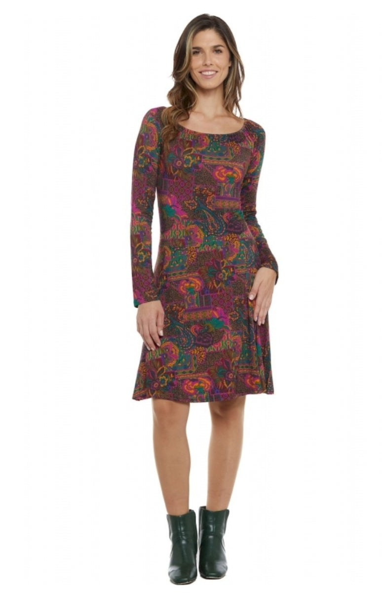 Vestito in Viscosa Fantasia con Stampa Paisley e Maniche Lunghe per Donna