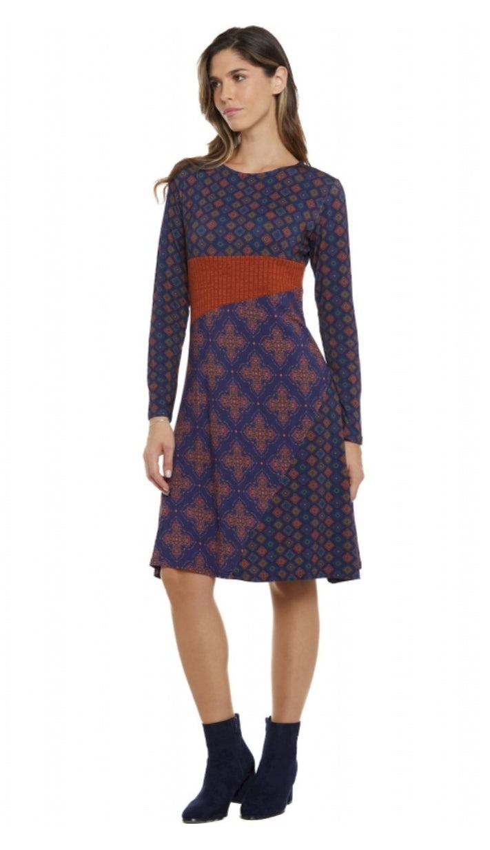 Vestito particolare in viscosa con maniche lunghe e motivo geometrico blu e arancione