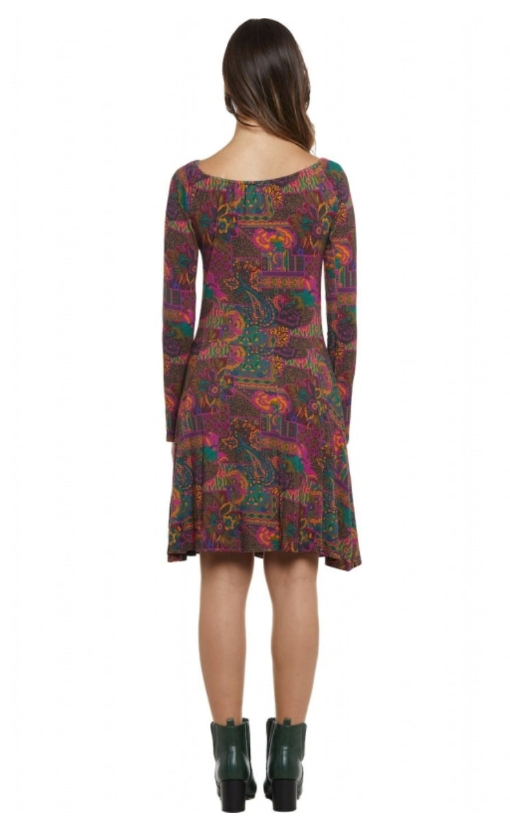 Vestito in Viscosa Fantasia con Stampa Paisley e Maniche Lunghe per Donna