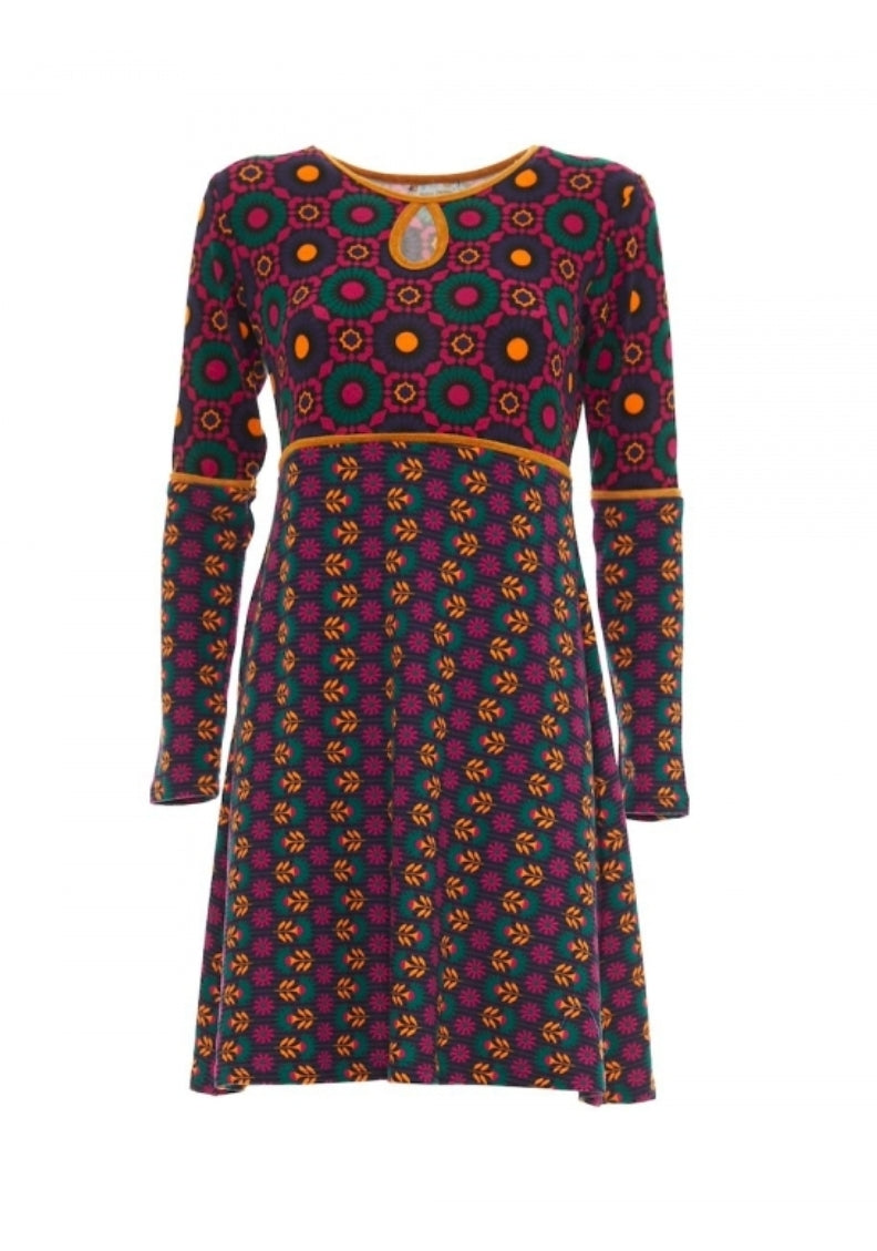 Vestito Fantasia Boho Chic con Stampa Geometrica e Maniche Lunghe per Donna