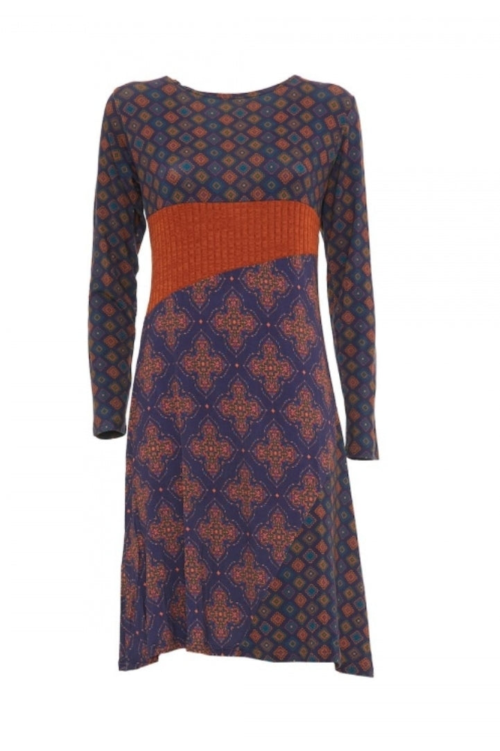 Vestito particolare in viscosa con maniche lunghe e motivo geometrico blu e arancione