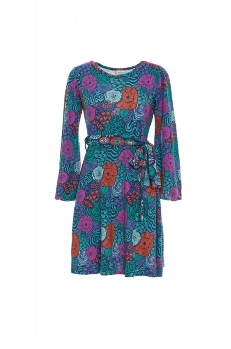 Vestito Fantasia Mezza Ruota con Stampa Floreale Multicolore e Maniche Lunghe per Donna