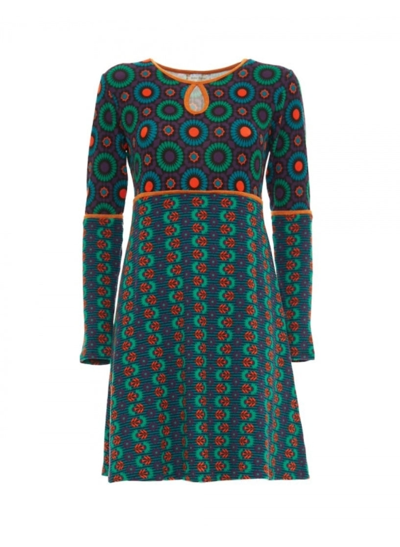 Vestito Fantasia Boho Chic con Stampa Geometrica e Maniche Lunghe per Donna