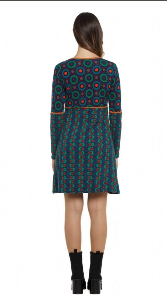 Vestito Fantasia Boho Chic con Stampa Geometrica e Maniche Lunghe per Donna