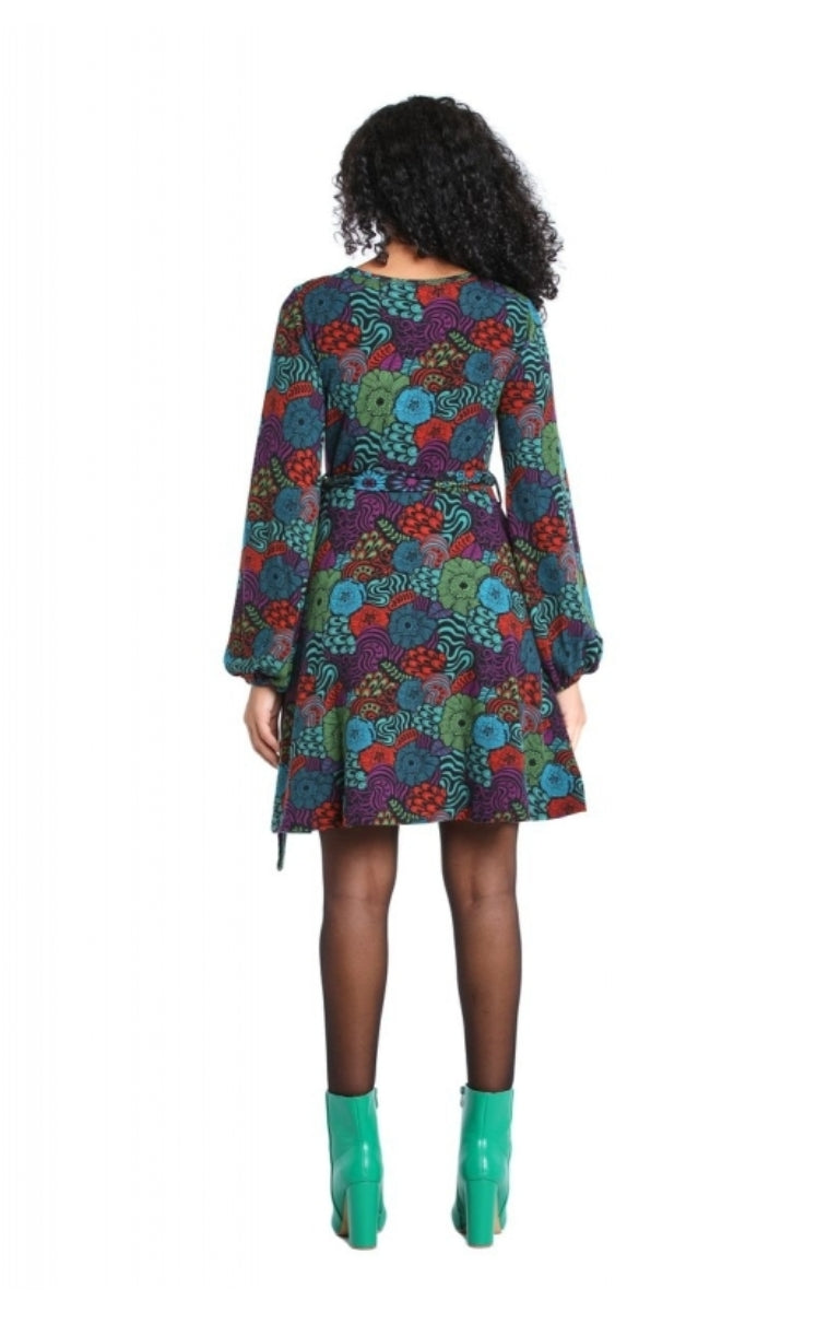 Vestito Fantasia Mezza Ruota con Stampa Floreale Multicolore e Maniche Lunghe per Donna