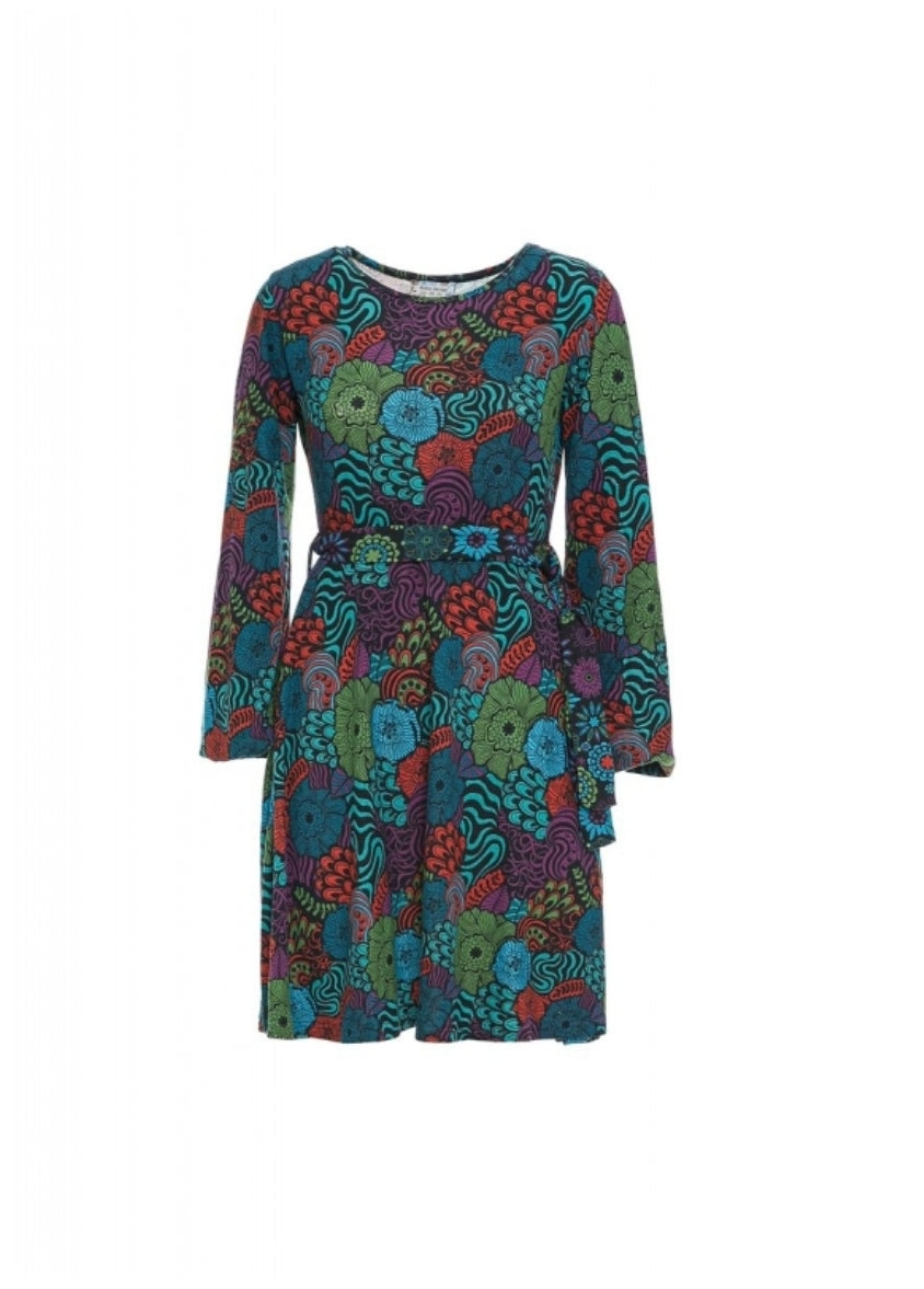 Vestito Fantasia Mezza Ruota con Stampa Floreale Multicolore e Maniche Lunghe per Donna