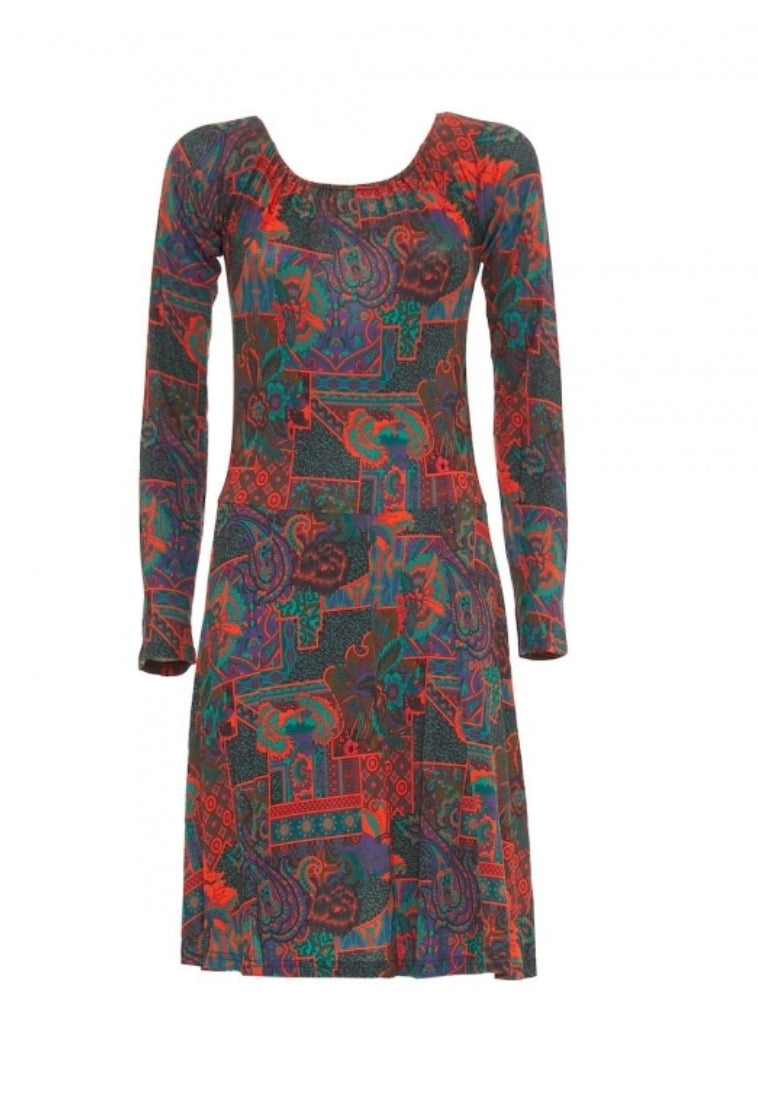 Vestito in Viscosa Fantasia con Stampa Paisley e Maniche Lunghe per Donna